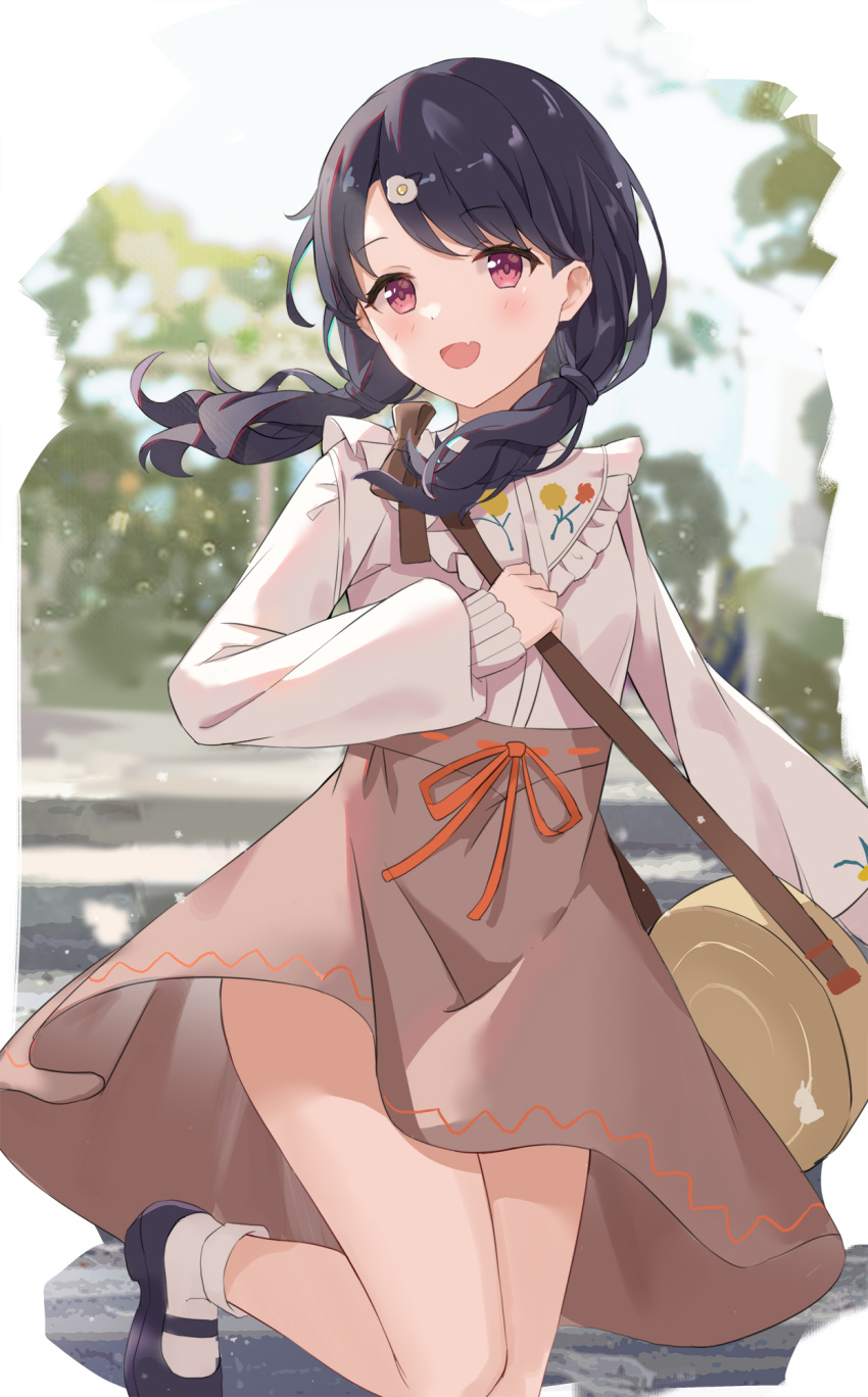 black_hair female flat_chest floating_hair flower fukumaru_koito hair_flower hair_ornament highres idolmaster idolmaster_shiny_colors long_hair long_sleeves oerba_yun_fang open_mouth outdoors red_eyes serika shirt shoes skin_fang skirt socks solo twintails