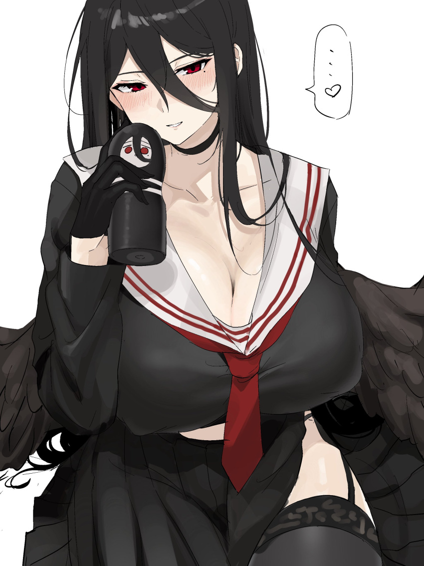 absurdres black_hair black_serafuku black_skirt black_wings blue_archive breasts cleavage collarbone female garter_straps hair_between_eyes hasumi_(blue_archive) highres holding holding_sex_toy huge_breasts long_hair looking_at_viewer nipio pleated_skirt red_eyes sailor_collar school_uniform serafuku sex_toy simple_background skirt smile solo very_long_hair white_background wings