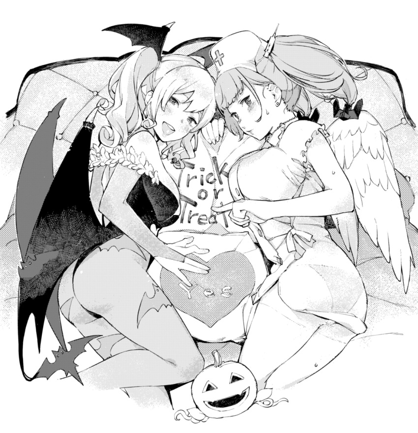 2girls anchor_hair_ornament angel angel_and_devil angel_wings animal_print ass atlanta_(kancolle) bat_(animal) bat_print blush breasts closed_mouth cosplay demon_wings dress elbow_gloves feathered_wings gloves greyscale hair_ornament halloween halloween_costume hat head_wings jack-o'-lantern kantai_collection kashima_(kancolle) kitamura_hato large_breasts leotard long_hair monochrome morrigan_aensland morrigan_aensland_(cosplay) multiple_girls nurse_cap open_mouth panties pantyhose print_pantyhose see-through sweat syringe_hair_ornament trick_or_treat twintails underwear vampire_(game) wavy_hair white_background wings yes yes-no_pillow