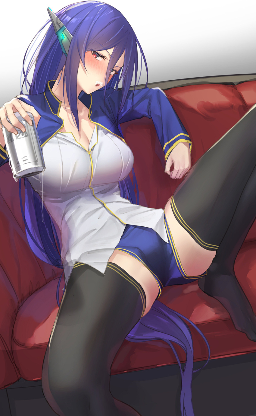 bad_id bad_pixiv_id black_thighhighs blue_hair blush breasts can cleavage cosmic_break couch female giving highres large_breasts long_hair long_sleeves looking_at_viewer nebel pallad parted_lips red_eyes shirt sitting solo spread_legs thighhighs thighs very_long_hair white_shirt