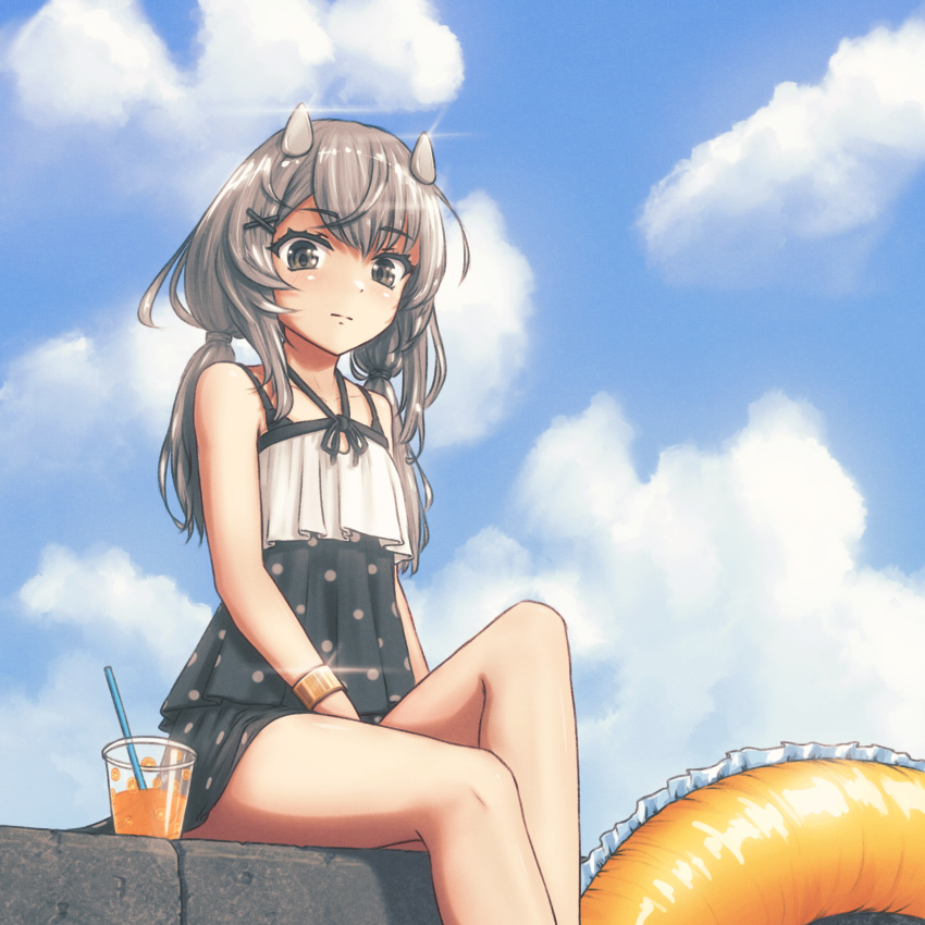 absurdres black_one-piece_swimsuit blue_sky casual_one-piece_swimsuit cloud cup day disposable_cup drinking_straw female grey_eyes grey_hair hair_ornament highres i-201_(kancolle) innertube kantai_collection long_hair low_twintails official_alternate_costume one-piece_swimsuit outdoors polka_dot polka_dot_swimsuit sitting sky solo swim_ring swimsuit twintails vorisar x_hair_ornament