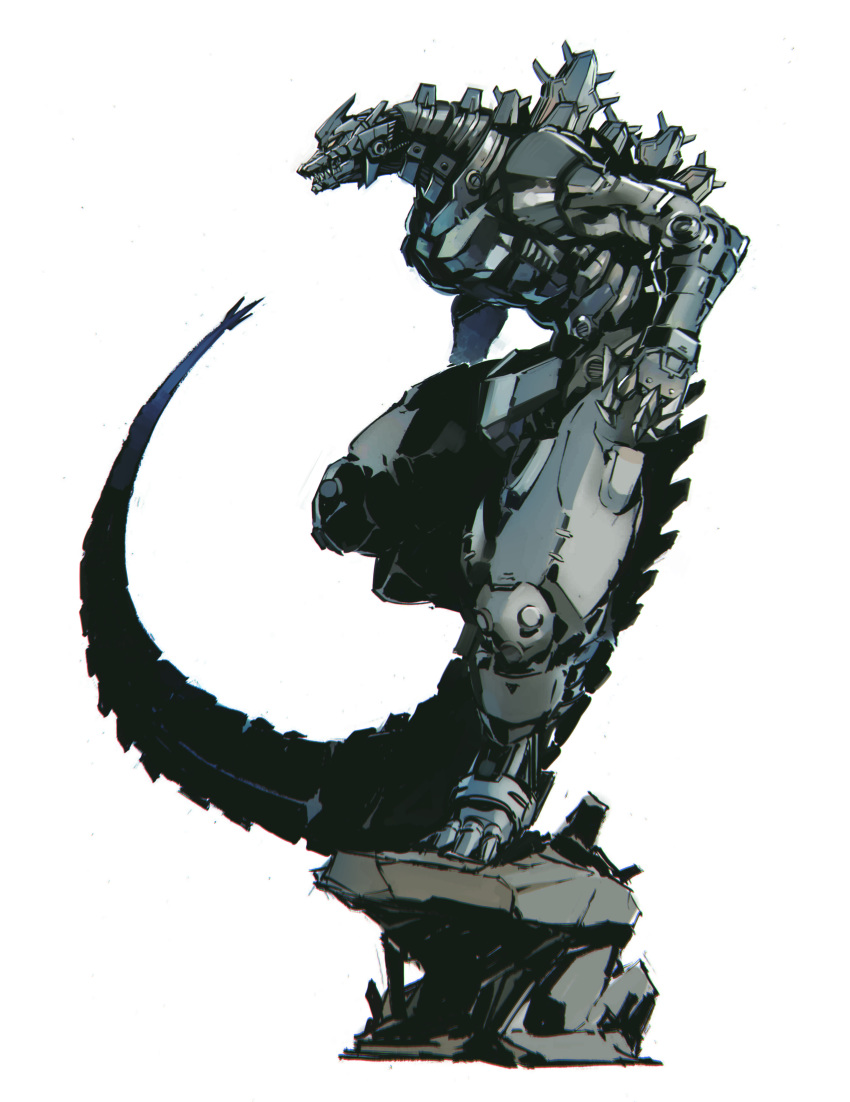 absurdres godzilla:_tokyo_s.o.s. godzilla_(series) godzilla_against_mechagodzilla_(2002) highres looking_ahead mecha mechagodzilla mechanical_tail no_humans open_hand robot science_fiction shimoguchi_tomohiro solo standing standing_on_one_leg tail type-3_kiryuu white_background