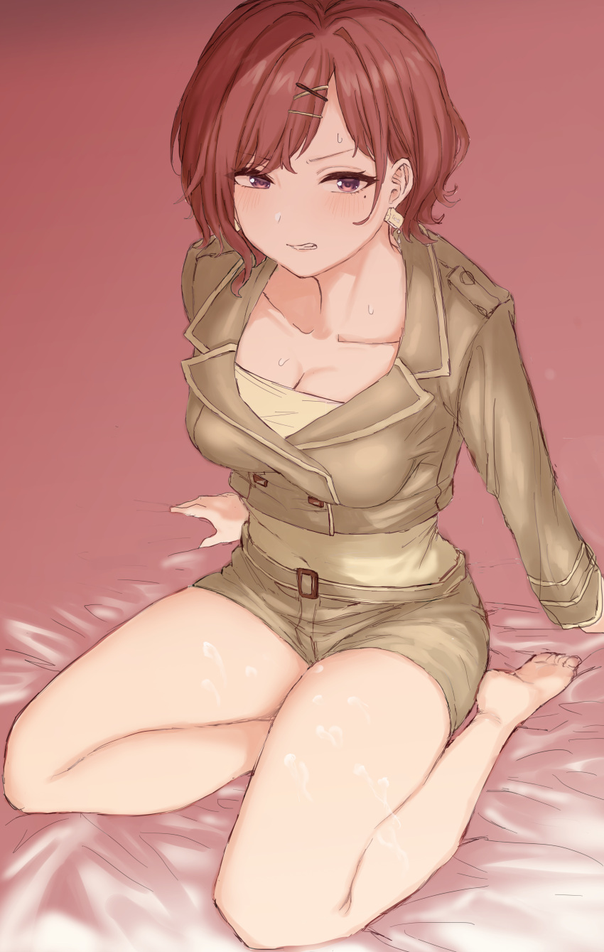 absurdres angry arms_behind_back bare_legs barefoot blush breasts brown_jacket brown_shorts cleavage collarbone commentary_request cropped_jacket cum cum_on_body cum_on_legs earrings feet female full_body hair_ornament hairclip highres higuchi_madoka idolmaster idolmaster_cinderella_girls idolmaster_shiny_colors jacket jewelry kakeru_(fujiwara_kakeru) long_sleeves looking_at_viewer medium_breasts mole mole_under_eye purple_eyes shirt short_hair short_shorts shorts sitting solo sweat thighs x_hair_ornament yellow_shirt yokozuwari