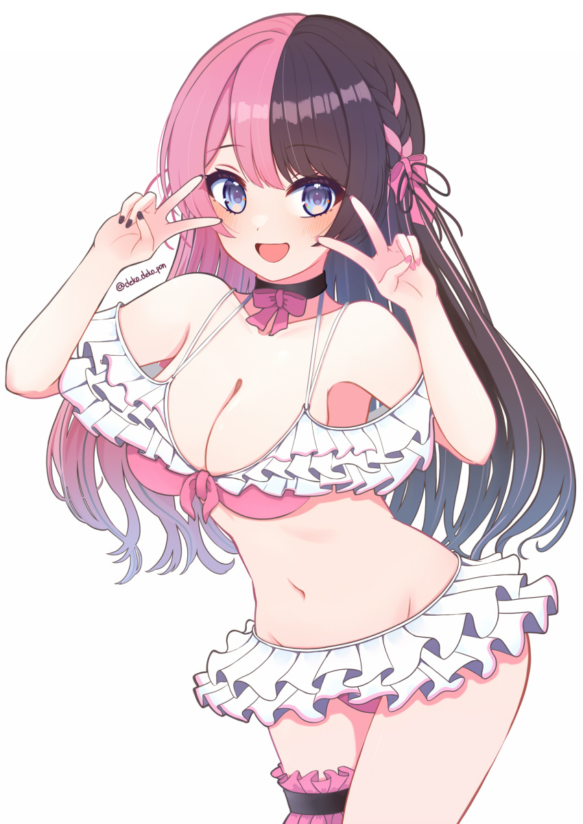 :d artist_name banana_de_ikopon bikini black_choker black_nails blue_eyes bow bow_choker braid bridal_garter brown_hair choker commentary_request contrapposto dot_nose double_v female floating_hair frilled_bikini frills hair_intakes hairbow hands_up highres light_blush long_hair looking_at_viewer multicolored_hair navel official_alternate_costume open_mouth pink_bikini pink_bow pink_hair pink_nails raised_eyebrows sidelocks simple_background single_braid smile solo spaghetti_strap swimsuit tachibana_hinano_(summer_c102) tachibana_hinano_(vtuber) tareme two-tone_hair two-tone_nails v very_long_hair virtual_youtuber vspo! white_background