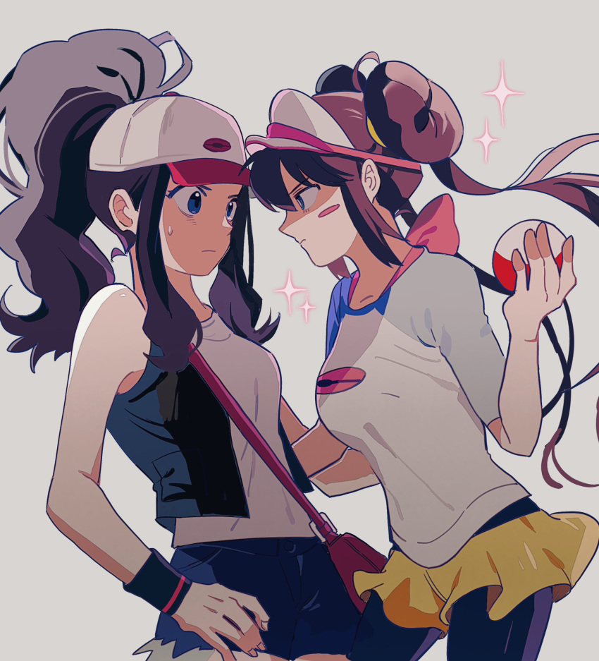 2girls bag black_pantyhose black_vest black_wristband breasts brown_hair commentary_request double_bun grey_background hair_bun hand_on_own_hip hat high_ponytail highres hilda_(pokemon) holding holding_poke_ball korean_commentary long_hair memoji_7672 multiple_girls pantyhose poke_ball pokemon pokemon_bw pokemon_bw2 rosa_(pokemon) shirt short_shorts shorts shoulder_bag sidelocks sleeveless sleeveless_shirt sparkle twintails vest visor_cap white_hat white_shirt yellow_shorts