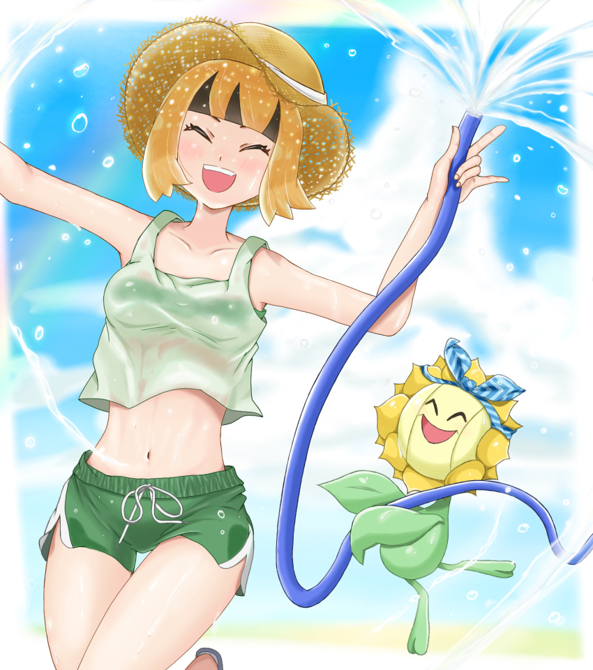 :d alternate_costume blunt_bangs brown_hat choice_scarf closed_eyes cloud collarbone commentary_request day eyelashes female gardenia_(pokemon) green_shorts hat highres holding holding_hose hose kabo_(user_vsaf8575) midriff navel open_mouth outdoors pokemon pokemon_(creature) pokemon_dppt shirt shorts sky sleeveless sleeveless_shirt smile straw_hat summer sunflora teeth upper_teeth_only water water_drop