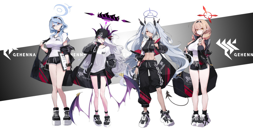 1-5iro 4girls absurdres ako_(blue_archive) alternate_costume anklet bag bare_shoulders baseball_cap black_footwear black_jacket black_pants black_ribbon black_shorts blue_archive breasts chinatsu_(blue_archive) commentary_request dark-skinned_female dark_skin demon_girl demon_horns demon_wings duffel_bag full_body gehenna_academy_logo grey_hair grey_halo hair_over_one_eye hair_ribbon halo halterneck hat highres hina_(blue_archive) holding holding_bag holding_hat holding_unworn_clothes horns iori_(blue_archive) jacket jewelry long_hair looking_at_viewer low_wings medium_breasts midriff multiple_girls multiple_horns navel no_eyewear open_clothes open_jacket pants panty_straps pointy_ears prefect_team_(blue_archive) purple_eyes red_eyes revision ribbon shirt shoes shorts simple_background small_breasts sneakers standing t-shirt tail twintails very_long_hair white_background white_hair white_shirt wings