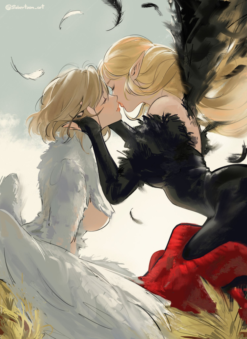 2girls black_dress black_wings blonde_hair breasts dress dungeon_meshi facing_another falin_touden falin_touden_(chimera) feathers from_side gradient_background grey_background highres imminent_kiss large_breasts long_hair marcille_donato marcille_donato_(lord) multiple_girls pointy_ears sabertoon_artt short_hair wings yuri