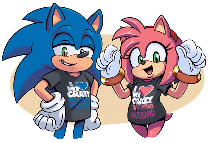 2024 accessory amy_rose anthro biped black_nose blue_body clothed clothing countershade_face countershading duo english_text eulipotyphlan female gloves green_eyes hair_accessory hairband half-closed_eyes hands_on_own_hips handwear hedgehog hi_res hyoumaru looking_at_viewer male mammal narrowed_eyes open_mouth open_smile pink_body sega shirt short_tail simple_background smile sonic_the_hedgehog sonic_the_hedgehog_(series) standing tail tan_body tan_countershading text text_on_clothing text_on_shirt text_on_topwear topwear white_clothing white_gloves white_handwear