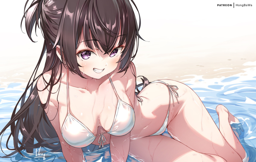 beach bikini breasts brown_hair female grin hong_(white_spider) long_hair looking_at_viewer medium_breasts patreon_username purple_eyes side-tie_bikini_bottom sitting smile solo suou_yuki swimsuit tokidoki_bosotto_roshia-go_de_dereru_tonari_no_alya-san tongue tongue_out white_bikini yokozuwari