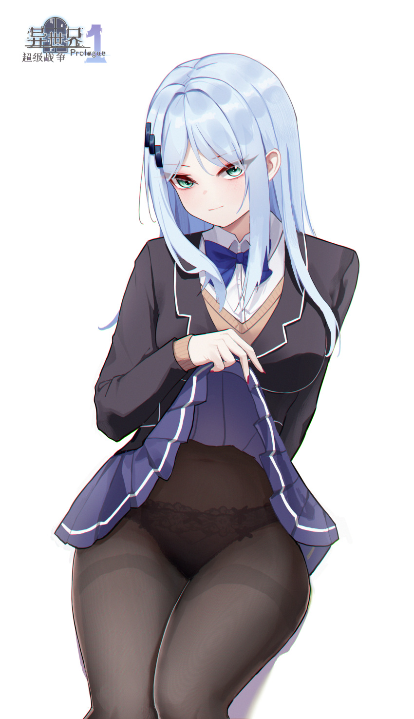 >:) absurdres airen_(isekai_chouji_sensou) black_jacket black_panties black_pantyhose blue_bow blue_bowtie blue_hair blue_skirt blush bow bowtie breasts brown_sweater chinese_commentary closed_mouth clothes_lift collared_shirt commentary_request copyright_name covered_navel curvy eyelashes eyes_visible_through_hair female fine_fabric_emphasis green_eyes hair_ornament hairclip hand_up highres isekai_chouji_sensou jacket large_breasts lifting_own_clothes light_blue_hair lingerie lishu_(2013547716) long_hair long_sleeves looking_at_viewer miniskirt nail_polish panties panties_under_pantyhose pantyhose parted_bangs partial_commentary pleated_skirt red_nails sanpaku school_uniform shirt sidelocks skirt skirt_lift sleeves_past_wrists smile smirk solo straight_hair sweater thighs tsurime underwear v-shaped_eyebrows white_shirt