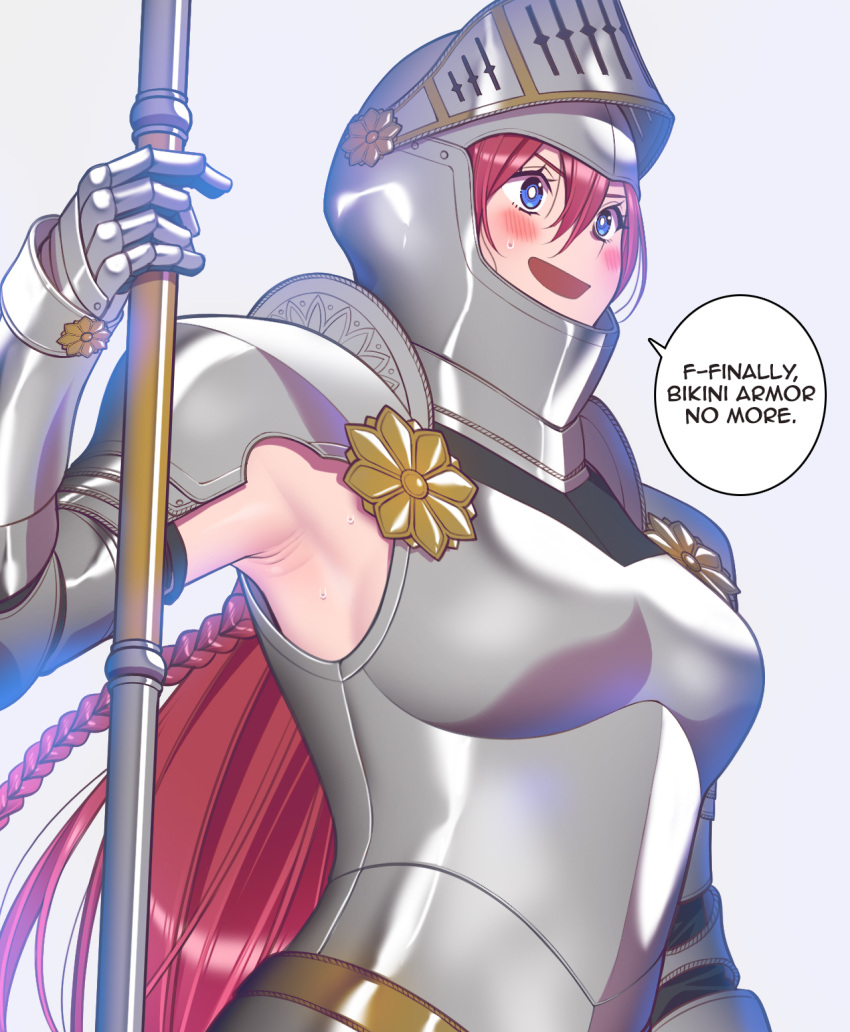 andrian_januar_adilia armor armpit_crease blue_eyes blush breasts commentary english_commentary english_text female hair_between_eyes helm helmet highres holding holding_weapon knight long_hair looking_afar medium_breasts open_mouth original red_hair sidelocks solo speech_bubble sweat upper_body v-shaped_eyebrows weapon white_background