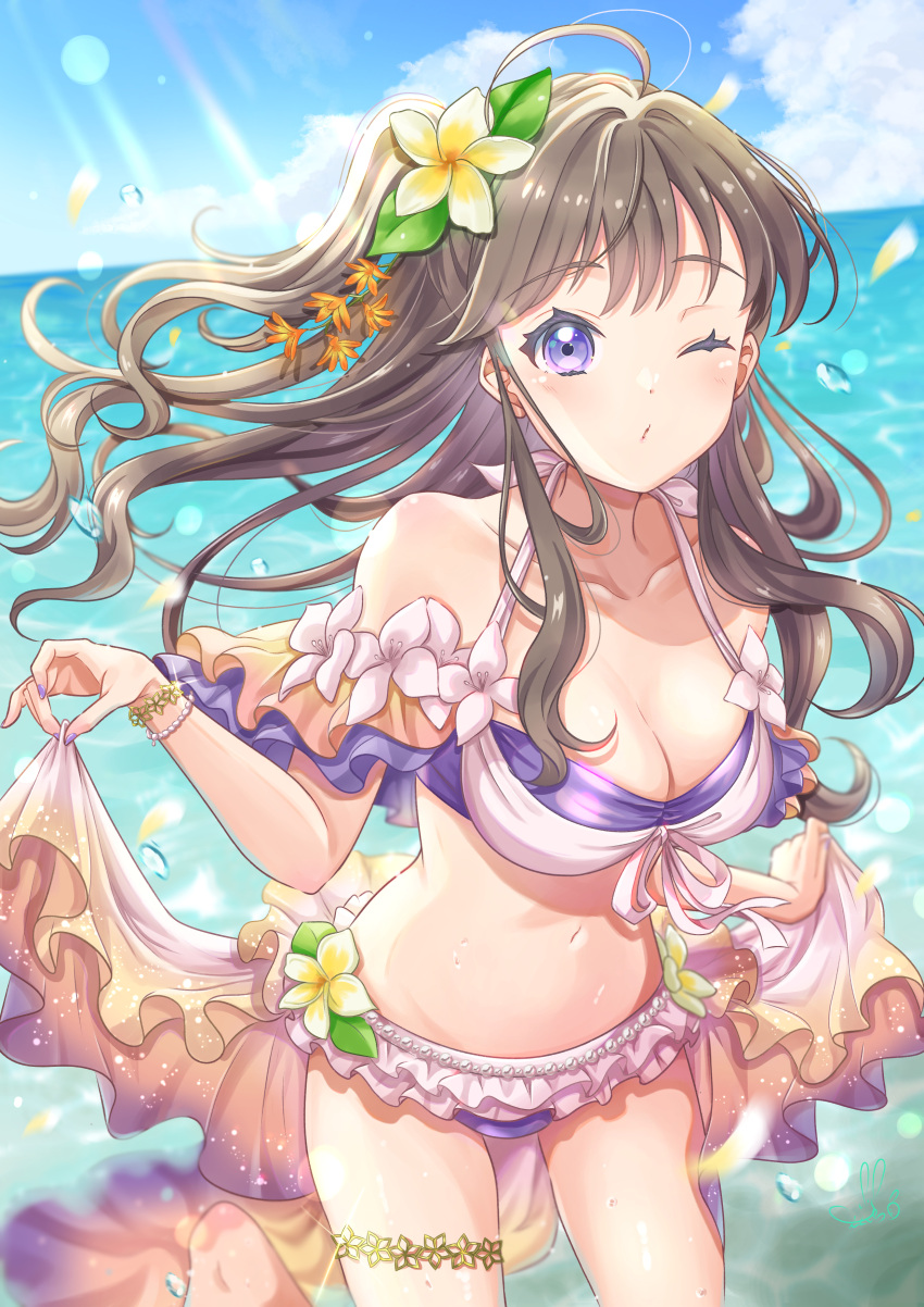 absurdres ahoge barefoot bikini breasts brown_hair cleavage collarbone commentary_request female flower fujishima_megumi hair_flower hair_ornament highres iroenpitsu_xxx link!_like!_love_live! long_hair love_live! medium_breasts midriff nail_polish navel off-shoulder_bikini off_shoulder official_alternate_costume official_alternate_hairstyle one_eye_closed one_side_up partial_commentary passion!!!!!!_(love_live!) plumeria puckered_lips purple_bikini purple_eyes purple_nails signature skirt_hold solo swimsuit two-tone_bikini virtual_youtuber white_bikini white_flower