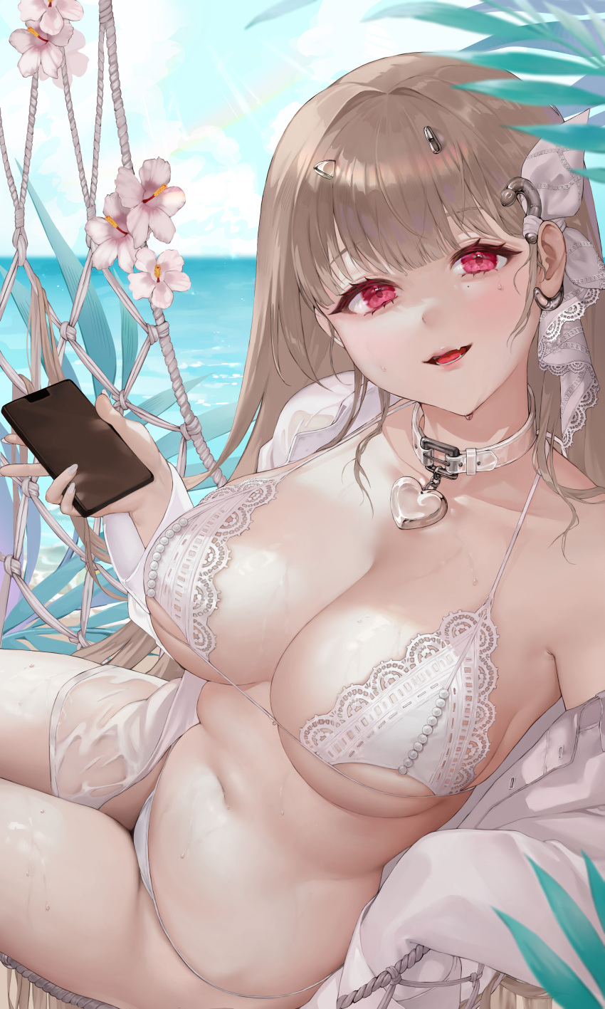 absurdres arm_rest armpit_crease belt_collar bikini blue_sky blurry blurry_foreground breasts cellphone cleavage cloud collar collarbone commentary cowboy_shot day fangs female flower gem goddess_of_victory:_nikke hair_ornament hair_ribbon halterneck hammock hand_up heart_collar hibiscus highres holding holding_phone horizon horns lace-trimmed_bikini lace_trim large_breasts lens_flare light_brown_hair light_particles long_hair long_sleeves looking_at_viewer looking_to_the_side mole mole_under_eye ocean oerba_yun_fang off_shoulder official_alternate_costume on_hammock open_clothes open_shirt outdoors palm_leaf parted_lips pearl_(gemstone) phone pink_eyes ribbon rune_(renee_1022) see-through shirt single_bare_shoulder sitting skin_fang sky sleeves_past_fingers sleeves_past_wrists smartphone smile solo string_bikini sunlight swimsuit very_long_hair viper_(nikke) viper_(shine_of_love)_(nikke) water wet wet_clothes wet_shirt white_bikini white_collar white_flower white_ribbon white_shirt