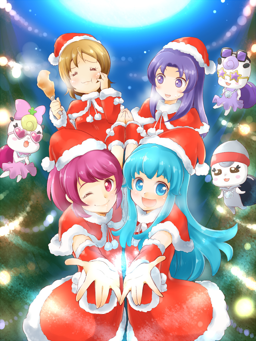 4girls aino_megumi alternate_costume arakawa_tarou blue_eyes blue_hair blush bow brown_hair christmas closed_eyes commentary_request dress eating eyelashes gurasan_(happinesscharge_precure!) happinesscharge_precure! happy hat highres hikawa_iona long_hair looking_at_viewer mascot multiple_girls one_eye_closed oomori_yuuko open_mouth phanphan_(happinesscharge_precure!) phantom_(happinesscharge_precure!) pink_bow pink_eyes pink_hair ponytail precure purple_eyes purple_hair ribbon_(happinesscharge_precure!) santa_costume santa_hat shirayuki_hime short_hair smile