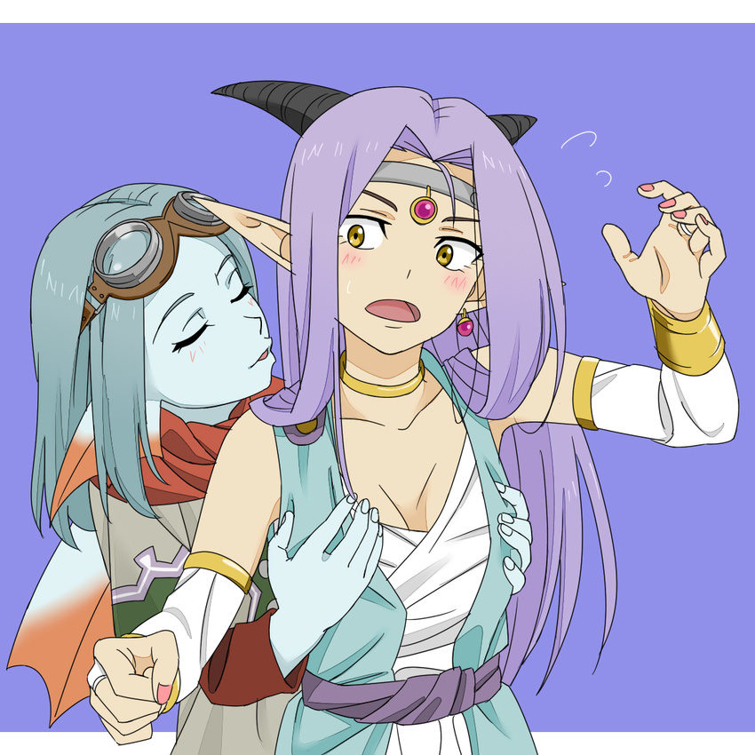 2girls bare_shoulders blue_hair blue_skin blush breasts bridal_gauntlets character_request cleavage closed_eyes colored_skin commentary_request dragon_quest dragon_quest_x dress earrings estella_(dq10) flying_sweatdrops goggles goggles_on_head grabbing grabbing_another's_breast groping headpiece horns imminent_kiss jewelry long_hair medium_breasts multiple_girls nail_polish necklace open_mouth pink_nails pointy_ears purple_hair yellow_eyes yokkest yuri