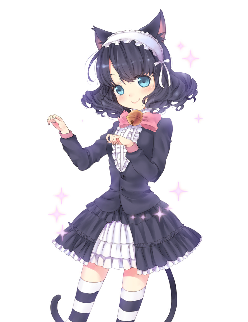 :d animal_ears bad_id bad_pixiv_id bell black_hair blue_eyes blush bow cat_ears cat_girl cat_tail closed_mouth curly_hair cyan_(show_by_rock!!) dress fang_out female frilled_dress frills hair_ornament happy hidari_(coletica) highres jingle_bell looking_at_viewer oerba_yun_fang pink_bow show_by_rock!! simple_background smile solo standing striped_clothes striped_thighhighs tail thighhighs thighs white_background