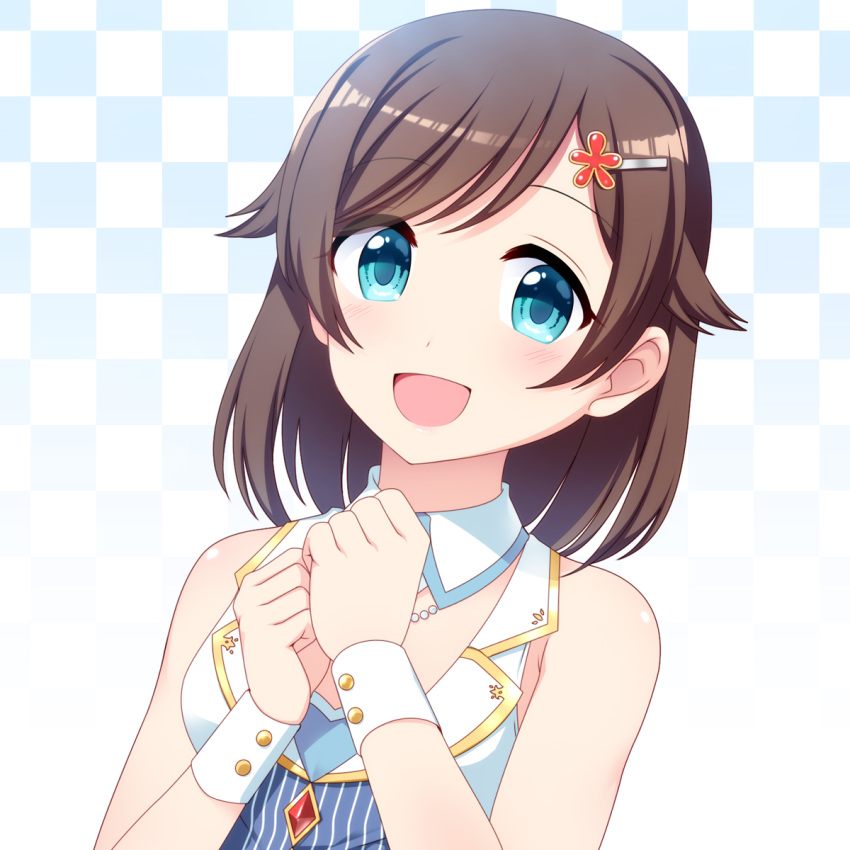 :d bare_shoulders blush brown_hair checkered_background commentary_request detached_collar female gradient_background green_eyes hair_flaps hair_ornament hairclip hands_up harumiya_sorako highres idol_connect looking_at_viewer open_mouth photoshop_(medium) short_hair smile solo totokichi two-tone_background upper_body virtual_youtuber wing_collar wrist_cuffs