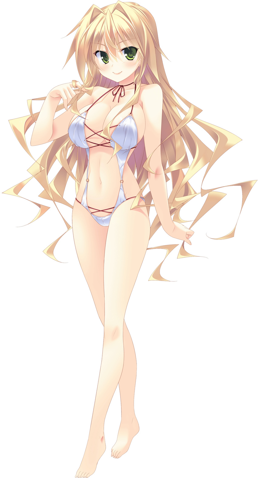 absurdres barefoot blonde_hair breasts cleavage female full_body green_eyes guardian_place halterneck hibarigaoka_itsuki highres hinata_mutsuki large_breasts legs long_hair navel o-ring o-ring_swimsuit photoshop_(medium) simple_background slingshot_swimsuit solo strap_gap swimsuit twirling_hair very_long_hair wavy_hair white_background white_slingshot_swimsuit