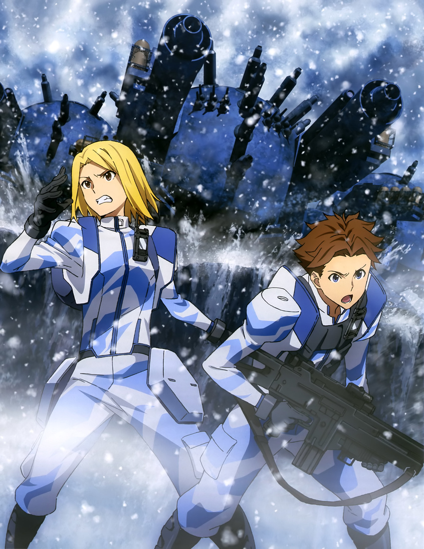 2boys absurdres blonde_hair brown_hair cannon gun havia_winchell heavy_object highres holding holding_gun holding_weapon male_focus mecha military military_vehicle multiple_boys non-humanoid_robot object_(vehicle) official_art outdoors qwenthur_barbotage robot science_fiction snowing uniform watanabe_atsuko weapon