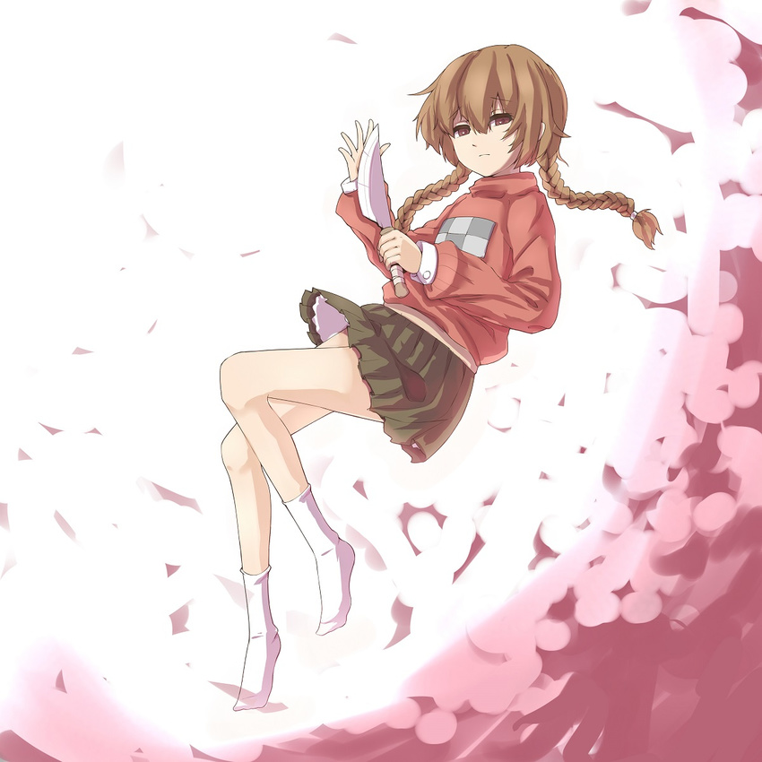 braid brown_eyes brown_hair commentary_request female gosledging highres knife looking_at_viewer madotsuki pink_shirt shirt skirt socks solo sweater twin_braids yume_nikki