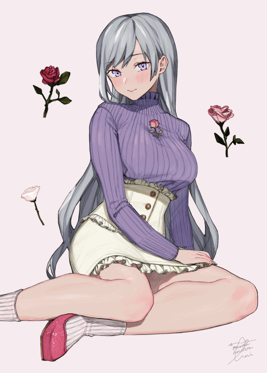 absurdres arm_support bad_id bad_pixiv_id blush breasts casual closed_mouth commentary_request female flower frilled_skirt frills grey_background grey_eyes grey_hair grey_skirt head_tilt high-waist_skirt highres large_breasts long_hair long_sleeves looking_at_viewer pink_flower pink_footwear pink_rose purple_sweater red_flower red_rose rose school_girl_strikers signature simple_background sitting skirt smile socks solo straight_hair sweater tatianna_alexandrovna_krovskaya uni_(melm) white_socks yokozuwari