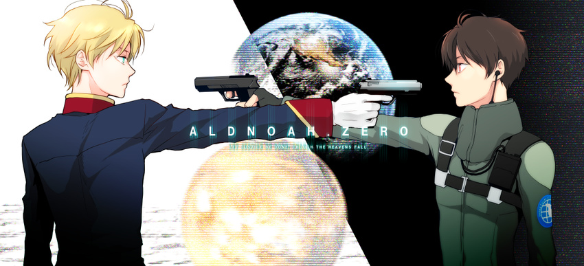 2boys aldnoah.zero blonde_hair brown_hair commentary_request earth_(planet) green_eyes gun kaizuka_inaho mexican_standoff military military_uniform moon multiple_boys pilot_suit planet sinba_(ying-hua) slaine_troyard uniform weapon