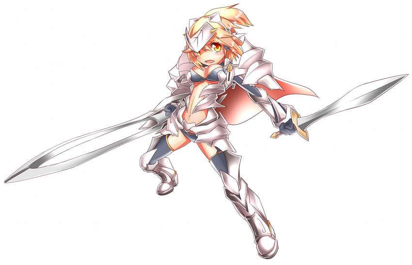 armor blonde_hair breasts cape commentary_request female fion_nucleus kenzaki_mitsutoshi medium_breasts original pixiv_dragoon ponytail short_hair simple_background solo sword weapon yellow_eyes