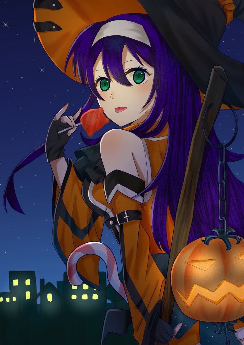 belt blue_hair breasts clothing_cutout commentary detached_sleeves female fingerless_gloves fire_emblem fire_emblem:_path_of_radiance fire_emblem_heroes gloves green_eyes hairband halloween halloween_costume hat headband highres large_breasts long_hair mia_(fire_emblem) mia_(halloween)_(fire_emblem) navel_cutout night otokajife solo white_hairband white_headband witch witch_hat