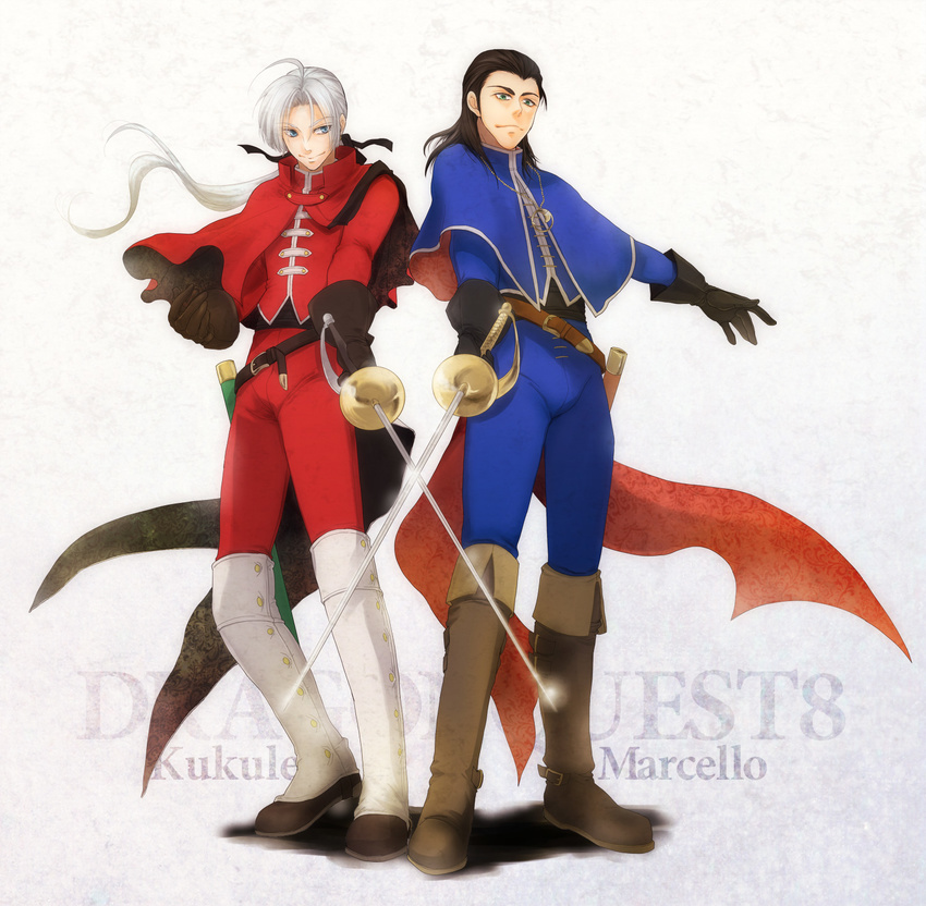 2boys black_hair blue_eyes boots brothers capelet character_name commentary_request copyright_name dragon_quest dragon_quest_viii gloves highres kukuru_(dq8) long_hair marcello multiple_boys newmoon_(aoi_taso) rapier scabbard sheath siblings silver_hair sword weapon