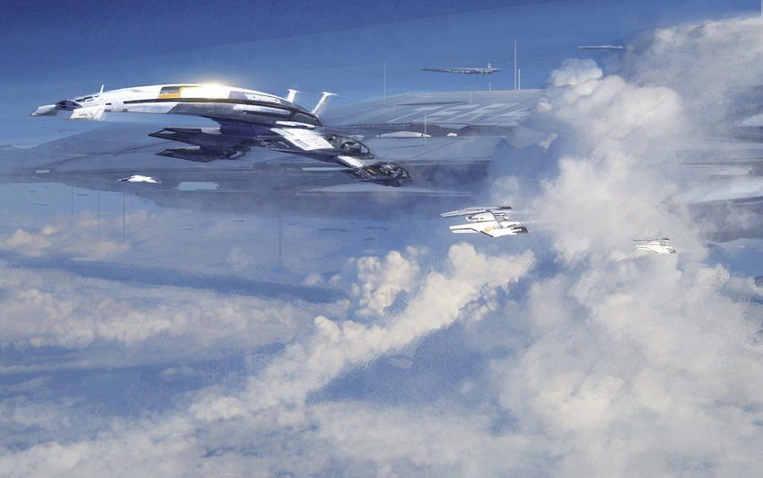 background cloud fighter fighter_plane high_res mass_effect mass_effect_2 no_humans normandy normandy_sr2 space_craft space_station wallpaper