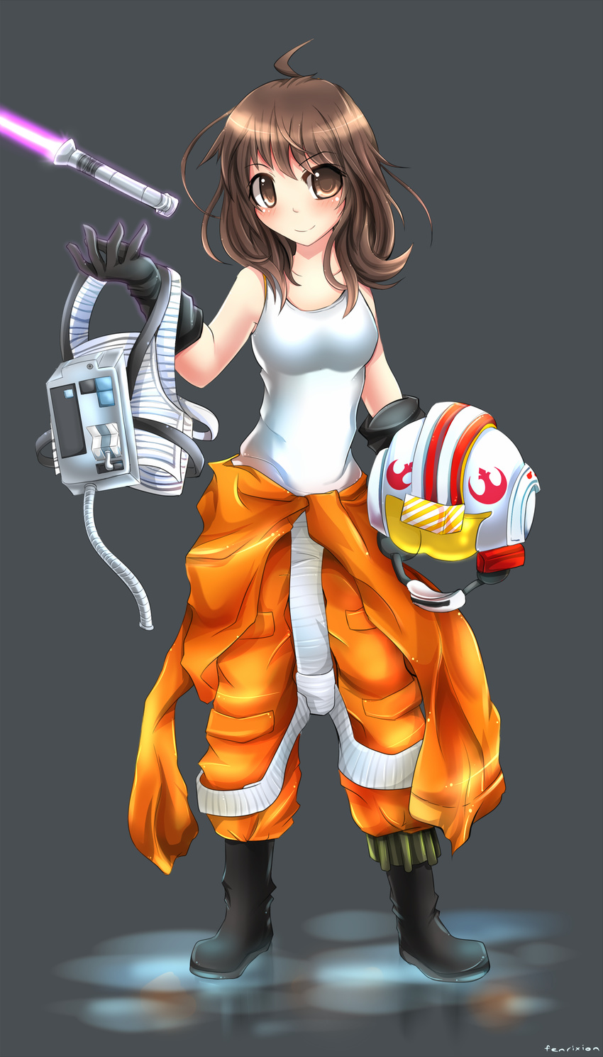 absurdres ahoge animification artist_name black_gloves blush boots breasts brown_eyes brown_hair clothes_around_waist commentary_request energy_sword female fenrixion floating gloves helmet highres jaina_solo levitation lightsaber medium_breasts pilot_suit purple_lightsaber rebel_alliance rebel_pilot science_fiction short_hair smile solo star_wars sword tank_top unworn_headwear unworn_helmet weapon