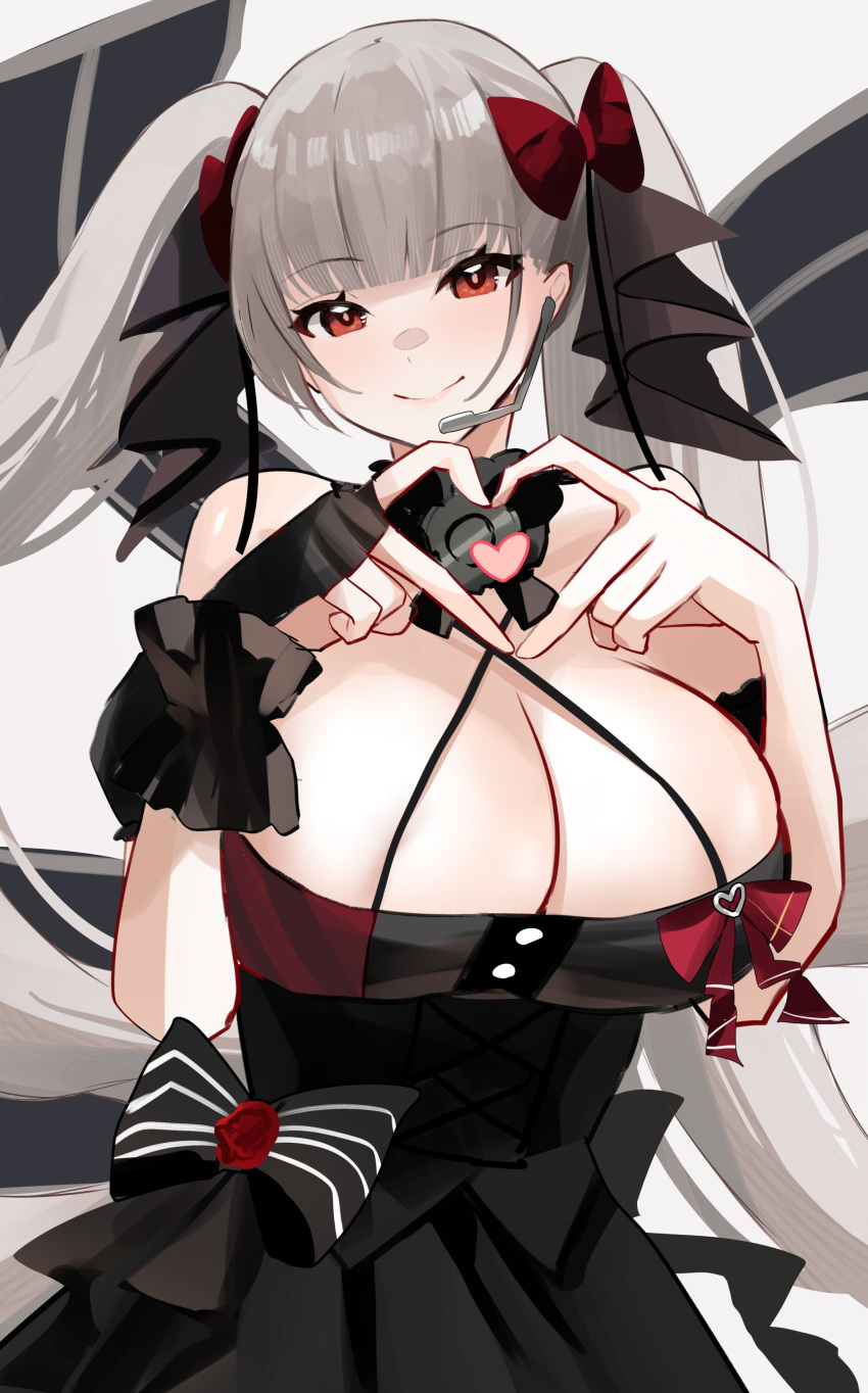 absurdres azur_lane bare_shoulders black_bow black_dress black_gloves bow breasts cleavage closed_mouth commentary_request dress dress_bow earpiece female fingerless_gloves formidable_(azur_lane) formidable_(muse)_(azur_lane) gloves grey_hair hair_ornament heart heart_hands highres huge_breasts long_hair looking_at_viewer official_alternate_costume red_eyes simple_background single_glove smile solo twintails upper_body very_long_hair white_background yamaha_tsui