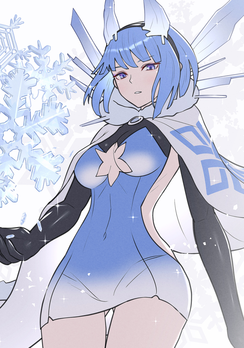 absurdres ass_visible_through_thighs backless_dress backless_outfit black_gloves black_sleeves blue_dress blue_hair blunt_bangs breasts breasts_apart capelet cleavage_cutout clothing_cutout commentary_request covered_navel dress elbow_gloves female fire_emblem fire_emblem_heroes fur-trimmed_capelet fur_trim gloves gonzarez hair_ornament hairband highres horn_ornament horns ice ice_horns looking_at_viewer magic medium_breasts nifl_(fire_emblem) parted_lips purple_eyes short_dress short_hair simple_background snowflakes solo teeth thighs white_background white_capelet