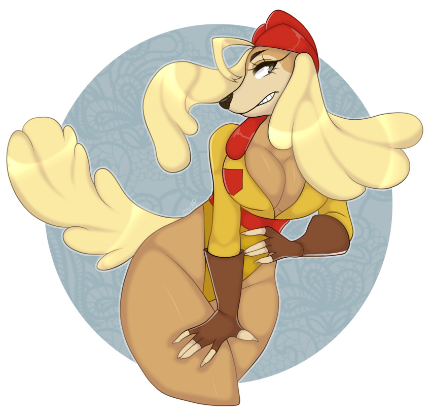 absurd_res anthro big_breasts breasts canid canine canis cleavage clenched_teeth clothed clothing crism200_(artist) cuphead_(game) domestic_dog female fur gloves handwear hat headgear headwear hi_res hunting_dog mammal pilot pilot_hat pilot_uniform saluki sgt._o'fera_(cuphead) showing_leg sighthound solo teeth teeth_showing thick_thighs yellow_body yellow_fur