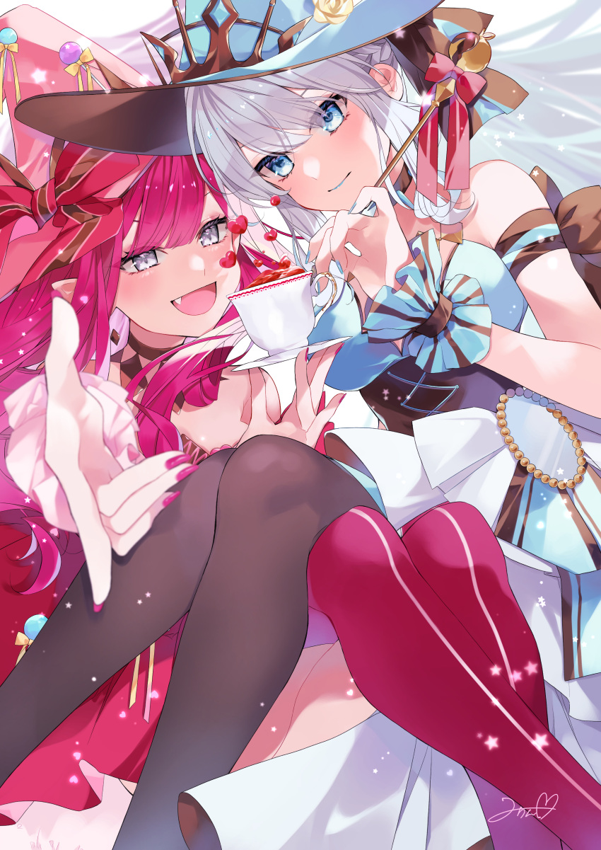 2girls absurdres baobhan_sith_(fate) baobhan_sith_(valentine_witches)_(fate) bare_shoulders black_bow blue_eyes blush bow braid breasts cleavage dress earrings fate/grand_order fate_(series) grey_eyes grey_hair hairbow half_up_braid hat highres jewelry large_breasts long_hair looking_at_viewer misaki346 morgan_le_fay_(fate) morgan_le_fay_(valentine_witches)_(fate) mother_and_daughter multiple_girls open_mouth pink_hair pointy_ears ponytail sidelocks smile tiara very_long_hair witch_hat