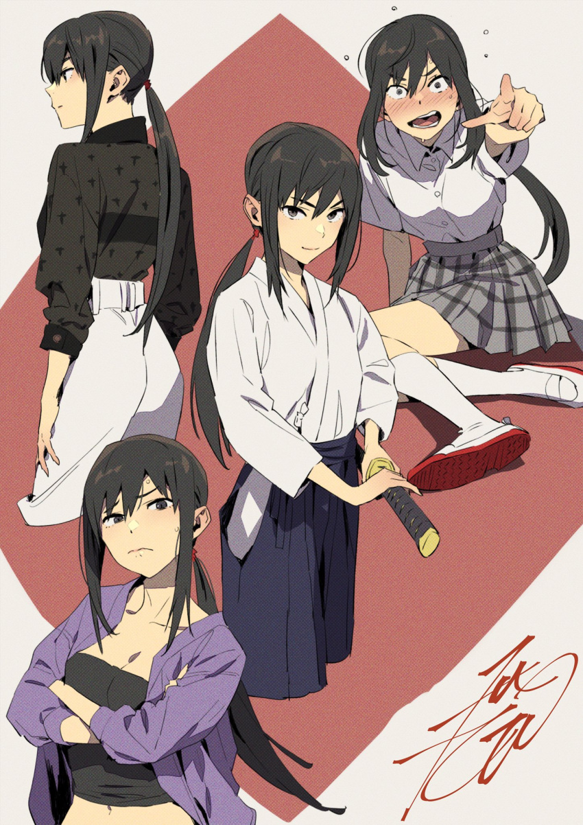 black_hair black_shirt blush bra_strap brown_eyes checkered_clothes checkered_skirt collage constricted_pupils cropped_legs crossed_arms embarrassed female hakama highres holding holding_sword holding_weapon japanese_clothes katana kobayashi_gen light_frown long_hair looking_at_viewer navel open_clothes open_mouth open_shirt pants pointing ponytail profile purple_shirt school_girl_strikers school_uniform see-through shirt shoes sidelocks signature simple_background skirt socks sweatdrop sword tank_top uraba_aoi uwabaki weapon white_pants white_shirt white_socks