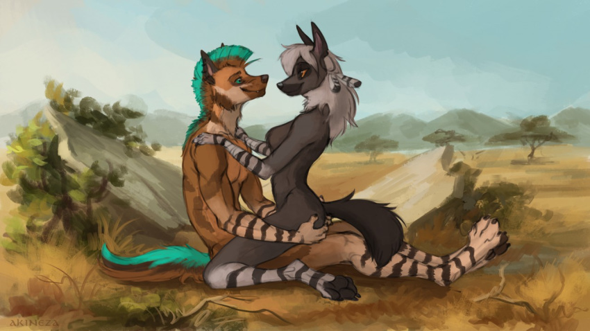 16:9 2020 4_toes 5_fingers akineza anthro ass black_body black_fur breasts brown_hyena butt_grab day detailed_background digital_media_(artwork) duo featureless_breasts feet female fingers fur hand_on_butt hyena looking_at_another looking_at_partner male male/female mammal nude outside sitting sky smile toes widescreen