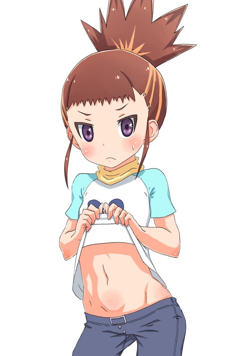 bad_id bad_pixiv_id brown_hair closed_mouth clothes_lift commentary denim digimon digimon_tamers female highres jeans looking_at_viewer makino_ruki navel pants purple_eyes shirt_lift short_hair solo yuh_koume