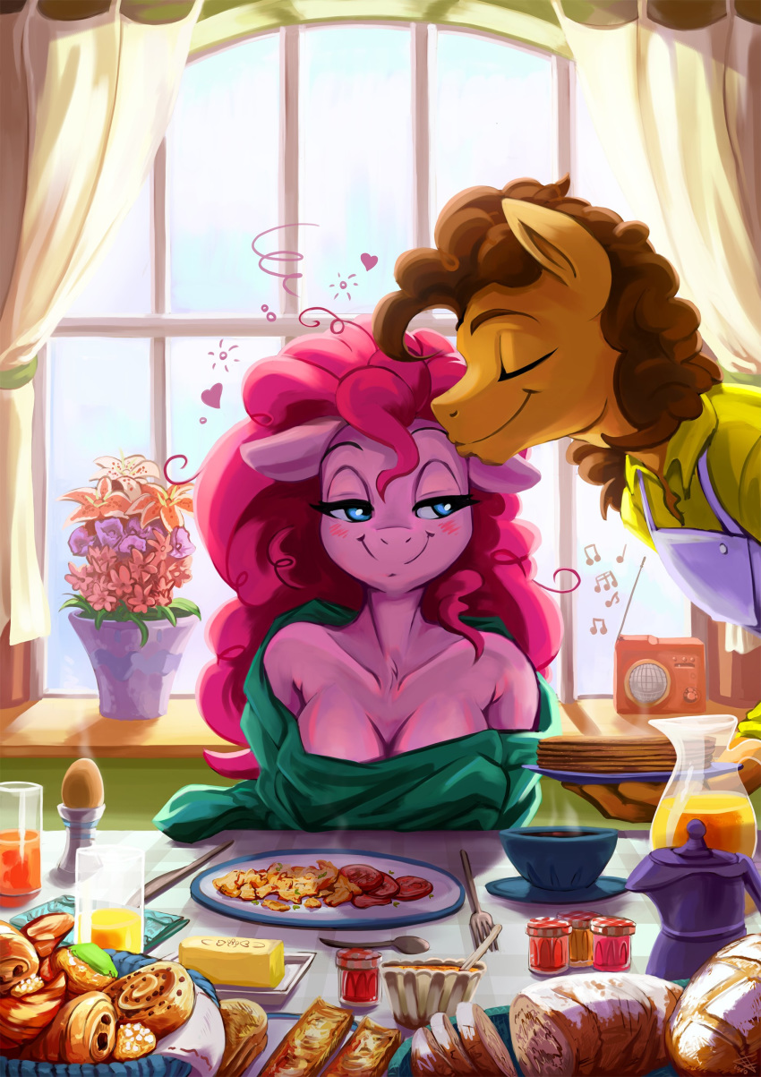 2020 absurd_res anthro apron blush bread butter cheese_sandwich_(mlp) clothing container cup curtains cutlery dairy_products duo equid equine female fidzfox food fork friendship_is_magic front_view half-closed_eyes hasbro heart_symbol hi_res inside kissing kitchen_utensils knife mammal my_little_pony narrowed_eyes pinkie_pie_(mlp) plant plant_pot plate potted_plant smile spoon tools