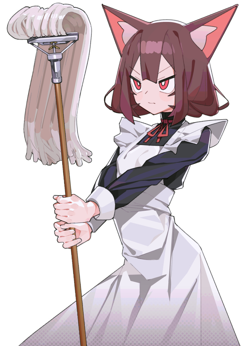 absurdres animal_ear_fluff animal_ears apron bright_pupils brown_hair cat_ears cat_girl clenched_hands closed_mouth duplicate female highres holding holding_mop light_blush maid maid_apron mop neck_ribbon original pixel-perfect_duplicate red_eyes red_ribbon ribbon saaal653 short_hair simple_background solo standing tsurime v-shaped_eyebrows white_background white_pupils