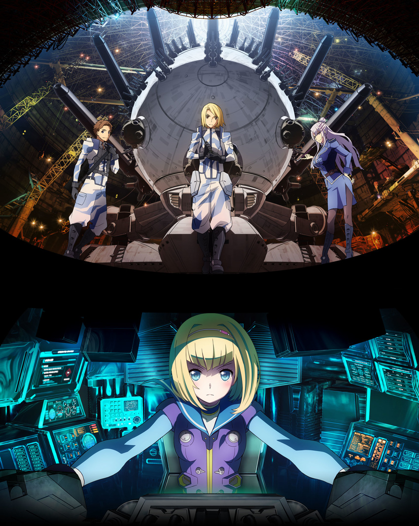 2boys 2girls absurdres baby_magnum cannon cockpit frolaytia_capistrano glowing havia_winchell heavy_object highres indoors key_visual mecha milinda_brantini military military_vehicle multiple_boys multiple_girls non-humanoid_robot object_(vehicle) official_art promotional_art qwenthur_barbotage robot science_fiction watanabe_atsuko