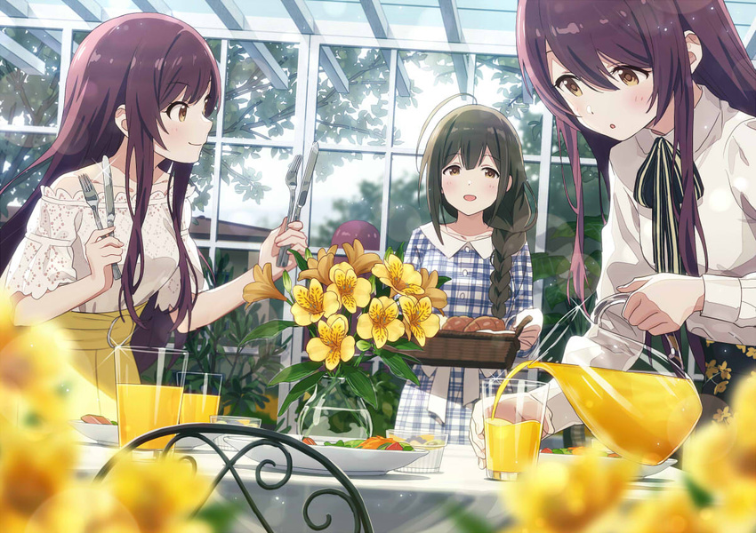 3girls ahoge alstroemeria_(flower) alstroemeria_(idolmaster) basket belt black_ribbon blouse blurry blurry_background blurry_foreground blush braid breasts brown_eyes brown_hair chair commentary cup day dress drinking_glass floral_print flower food fork gleam glint hair_over_shoulder high-waist_skirt holding holding_basket holding_fork holding_jug holding_knife idolmaster idolmaster_shiny_colors jug_(bottle) juice knife kuwayama_chiyuki leaning_forward long_hair looking_at_viewer multiple_girls name_connection neck_ribbon object_namesake open_mouth orange_juice osaki_amana osaki_tenka plaid plaid_dress plate pouring purple_hair reflection ribbon shirt single_braid skirt smile sonsoso table tree vase white_shirt yellow_flower yellow_skirt