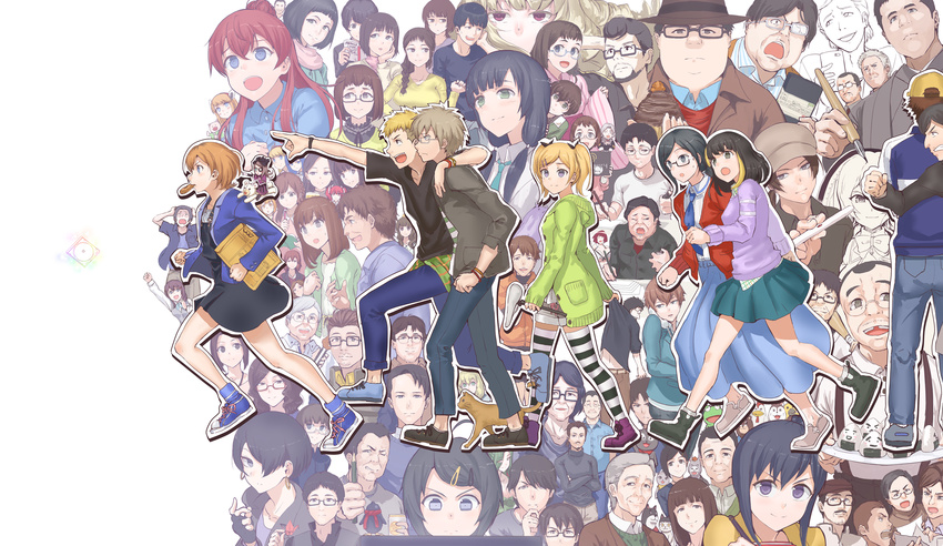 6+boys 6+girls absolutely_everyone akane_(exodus!) alpine_(exodus!) andou_tsubaki ankle_boots aya_(exodus!) bare_legs black_hair blonde_hair blue_eyes blue_skirt boots brown_hair catherine_weller chazawa_shinsuke christine_waldegard coat commentary_request daisan_hikou_shoujo-tai doumoto_chiemi endou's_wife_(shirobako) endou_ryousuke everyone exodus! fuji_asuka glasses green_eyes hamasaki's_manager_(shirobako) hamasaki_gorou highres hiraoka_daisuke hitotose_aria holding honda_yutaka iguchi_yumi iketani_hiroshi imai_midori jyon katsuragi_goutarou kinoshita_seiichi kunogi_ai long_sleeves madoka_hironori marukawa_masato mimuji_(shirobako) miyamori_aoi mouth_hold multiple_boys multiple_girls noa_ashkenazi ochiai_tatsuya ogasawara_michihiro ogasawara_rinko okitsu_yuka pleated_skirt roro_(shirobako) running sakaki_shizuka sakura_yoshiki satou_sara segawa_misato semi-rimless_eyewear shimoyanagi_yuuichiro shinkawa_nao shirobako shirt short_hair short_sleeves simple_background skirt spiked_hair standing striped_clothes striped_thighhighs sugie_shigeru t-shirt takanashi_tarou tateo_mari tatiana_yakovlev thighhighs toudou_misa two_side_up under-rim_eyewear watanabe_shun white_background wristband yamada_masashi yano_erika yasuhara_ema zettai_ryouiki