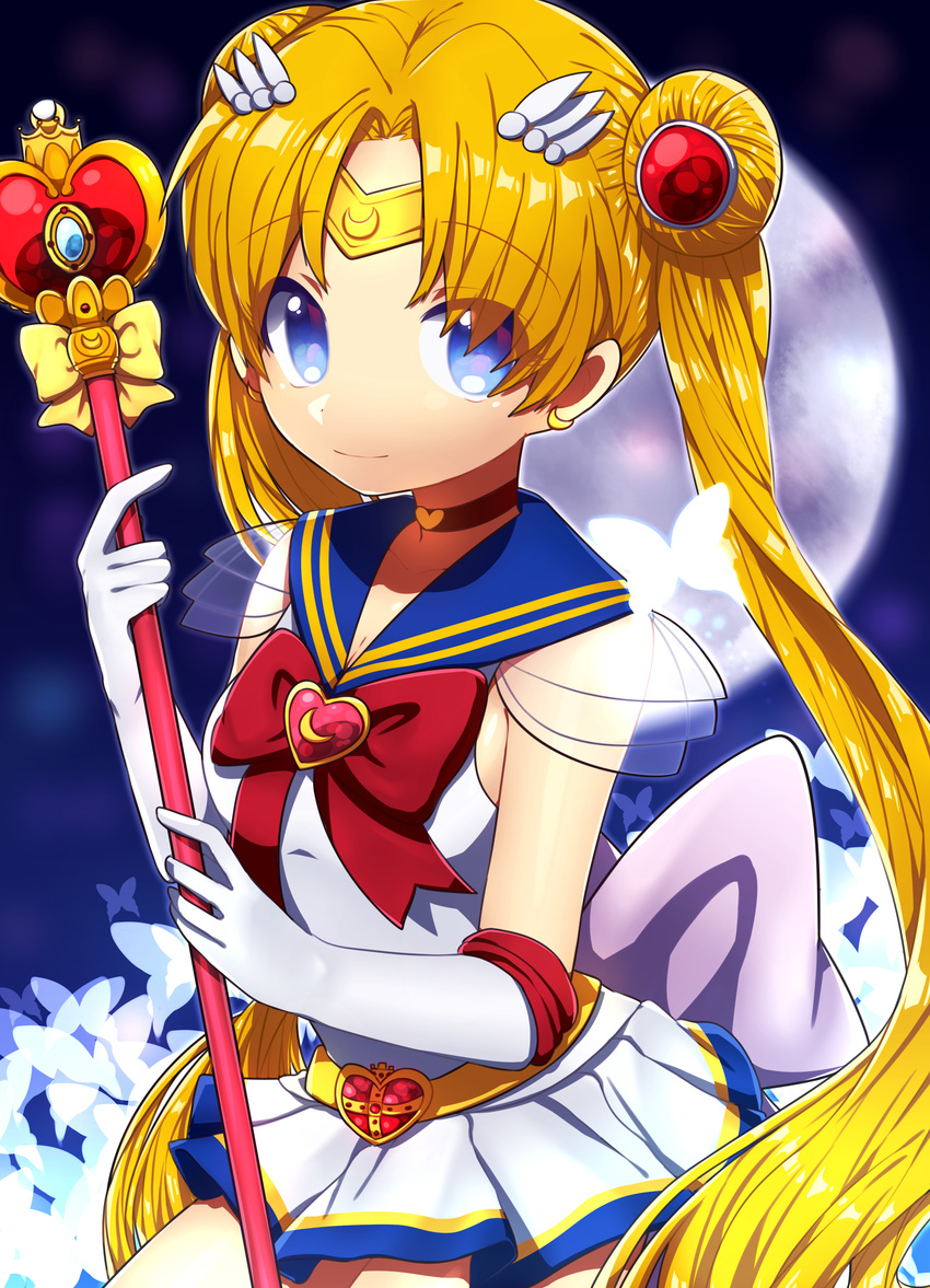 bishoujo_senshi_sailor_moon bishoujo_senshi_sailor_moon_s blonde_hair blue_eyes cleavage collar coo diadem earrings female gloves hair_buns jewelry long_hair looking_at_viewer magical_girl sailor_collar sailor_moon tsukino_usagi twintails weapons white_gloves