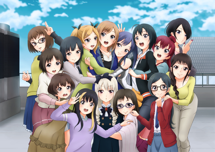 6+girls :d :o andou_tsubaki arms_up bare_shoulders bent_over black_hair blonde_hair blue_eyes blue_hair blue_skirt blue_sky breasts brooch brown_hair building cleavage cloud collarbone collared_shirt commentary_request day detached_sleeves doumoto_chiemi drill_hair everyone gem hair_ribbon highres hippyi iguchi_yumi imai_midori jacket jewelry kunogi_ai long_sleeves looking_at_viewer medium_breasts miyamori_aoi multiple_girls nail_polish necktie ogasawara_rinko okitsu_yuka open_clothes open_jacket open_mouth outdoors pleated_skirt red_eyes red_skirt ribbon rooftop round_teeth sakaki_shizuka satou_sara segawa_misato shinkawa_nao shirobako shirt short_hair skirt sky smile sweater_vest teeth toudou_misa twin_drills white_shirt window yano_erika yasuhara_ema