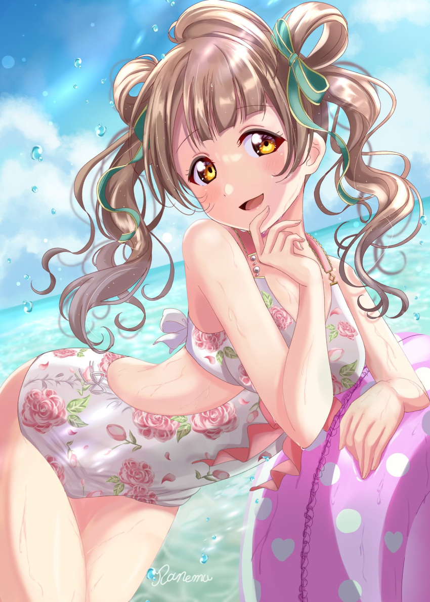 alternate_hairstyle bare_legs blue_sky blush bow breasts brown_hair cloud commentary english_commentary female floral_print green_bow hair_rings hairbow hand_on_own_chin highres innertube long_hair looking_at_viewer love_live! love_live!_school_idol_project medium_breasts minami_kotori ocean one-piece_swimsuit one_side_up open_mouth outdoors polka_dot ranemu signature single_hair_ring sky smile solo swim_ring swimsuit twintails water_drop wavy_hair wet white_one-piece_swimsuit yellow_eyes