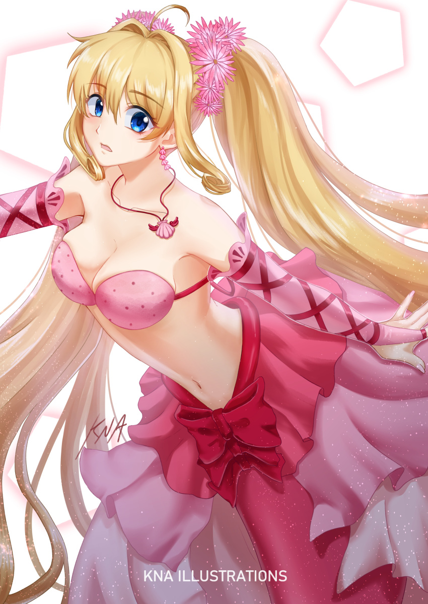 ahoge artist_name bare_shoulders bikini bikini_top_only blonde_hair blue_eyes bow breasts bridal_gauntlets cleavage collarbone commentary cowboy_shot curly_hair earrings female flower hair_between_eyes hair_flower hair_intakes hair_ornament highres jewelry kna_illustrations layered_skirt long_hair long_skirt looking_at_viewer medium_breasts mermaid mermaid_melody_pichi_pichi_pitch monster_girl nanami_lucia nanami_lucia_(princess) navel necklace open_mouth pentagon_(shape) pink_bikini pink_bow pink_skirt polka_dot polka_dot_bikini shell shell_earrings shell_necklace showgirl_skirt sidelocks signature simple_background skirt solo stomach swimsuit twintails very_long_hair white_background white_skirt