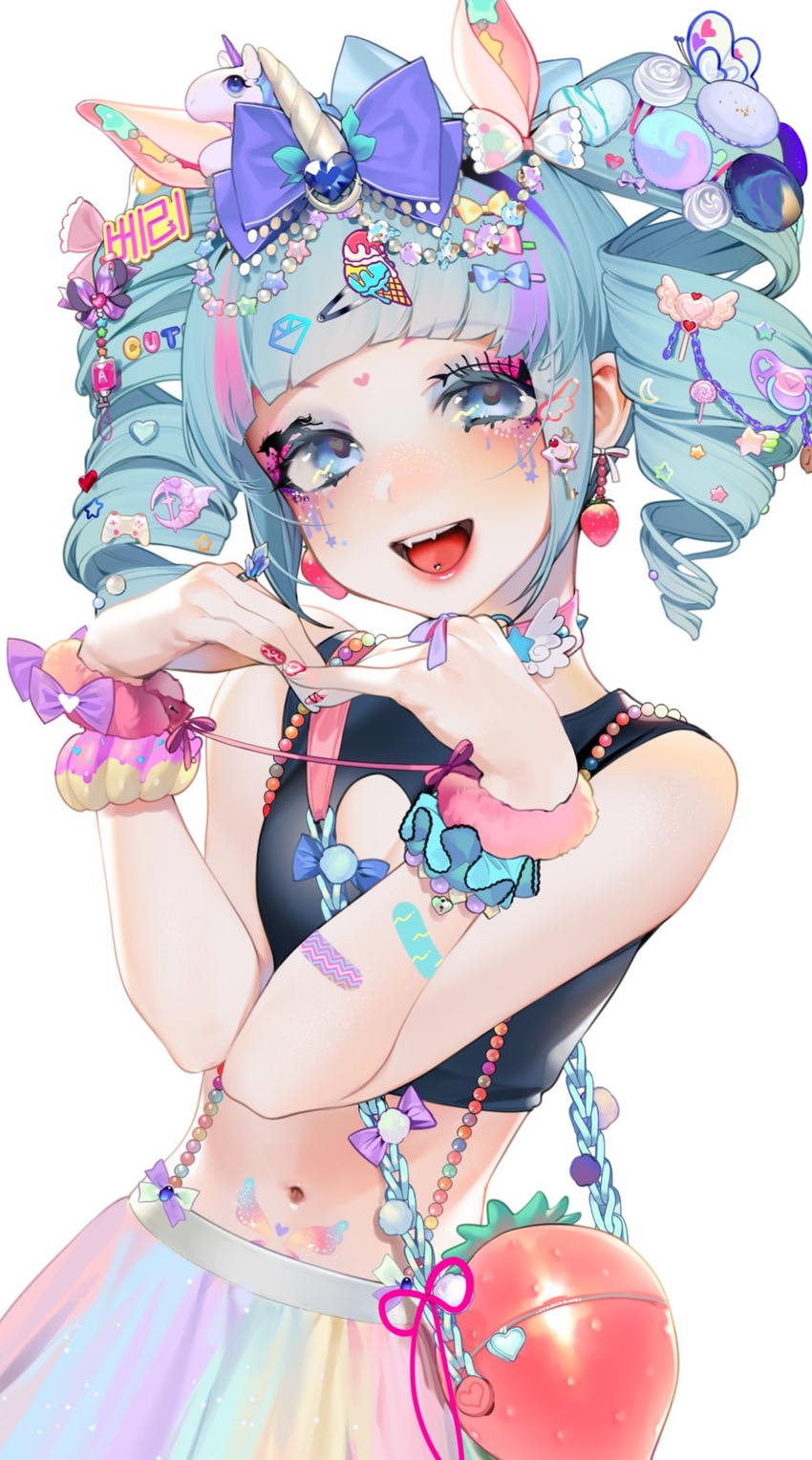 :d animal_ears bad_id bad_twitter_id bandaid bandaid_on_arm bare_shoulders beads berry_(shining_star) black_shirt blue_eyes blue_hair contrapposto crop_top decora drill_hair earrings eyelashes eyeshadow facial_mark fangs female food-themed_bag food-themed_earrings glitch hair_ornament hairclip hands_up head_tilt heart heart_arms highres horns jewelry long_hair looking_at_viewer makeup midriff multicolored_hair nail_art nail_polish navel ohisashiburi open_mouth piercing pink_hair purple_hair red_nails shining_star shirt simple_background single_horn sleeveless sleeveless_shirt smile solo standing stomach strawberry_bag strawberry_earrings tongue_piercing twin_drills twintails unicorn unicorn_girl upper_body white_background