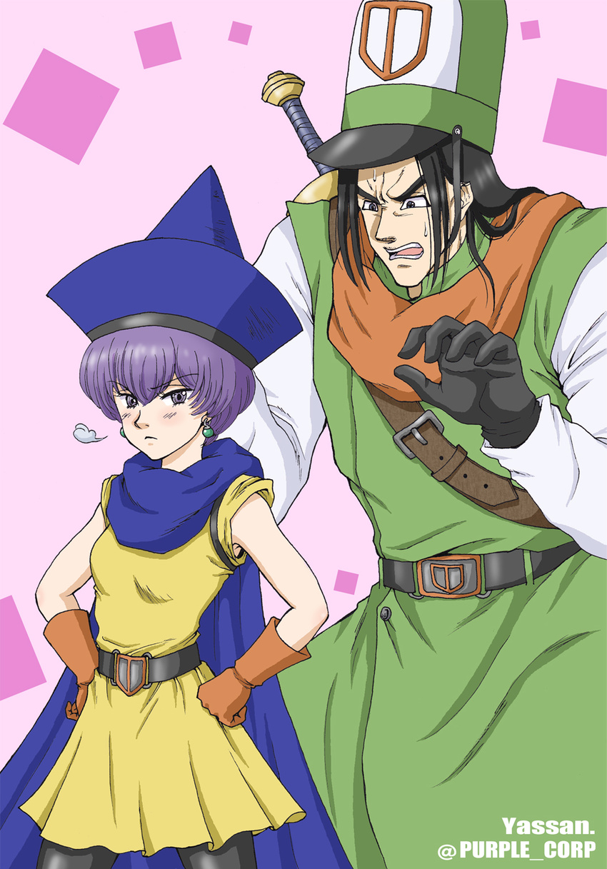 1boy alena_(dq4) alena_(dq4)_(cosplay) bad_id bad_pixiv_id black_hair cape clift clift_(cosplay) cosplay dragon_quest dragon_quest_iv female gloves griamor hat highres long_hair nanatsu_no_taizai pantyhose purple_corp purple_eyes purple_hair short_hair veronica_liones